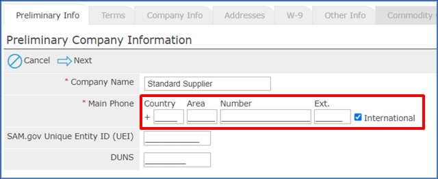 Preliminary Company Information form with the International checkbox selected beside the Main Phone fields.