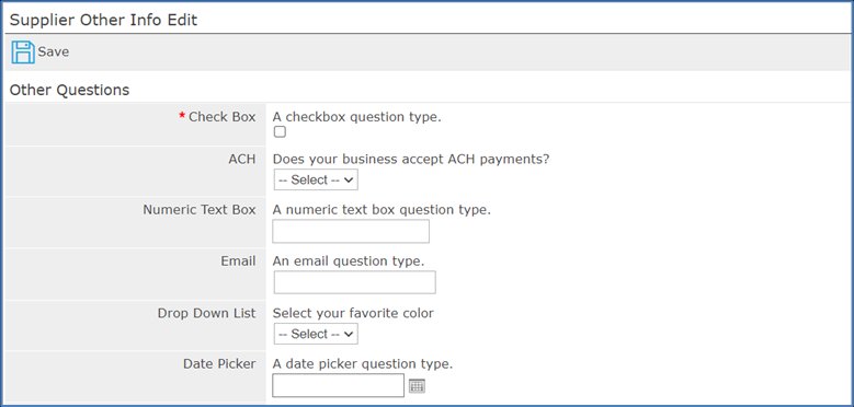 Supplier Other Info Edit form with a Save button and sample questions, including checkbox, drop-down, and date picker types.