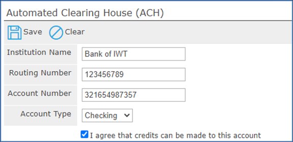 Automated Clearing House form with Save and Clear buttons and institution, routing, account number, and account type fields.