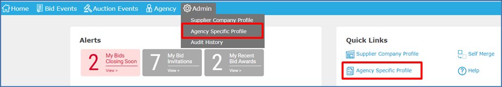 Admin menu open with Agency Specific Profile highlighted, and the same link highlighted under Quick Links on the home page.