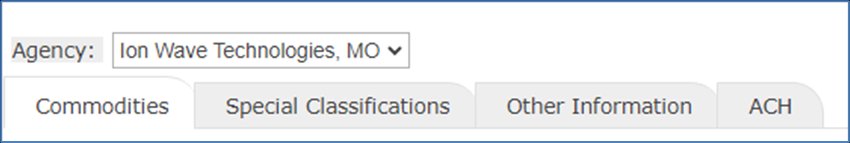 Agency dropdown above the Commodities, Special Classifications, Other Information, and ACH tabs.