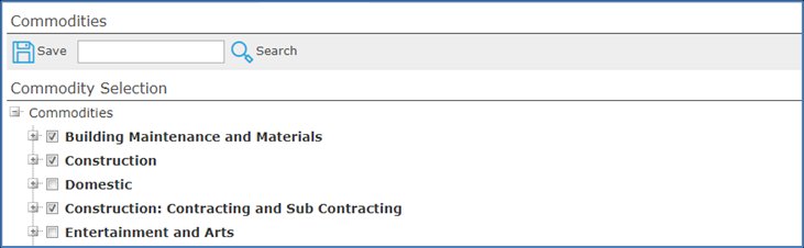 Commodities tab with a Save button, search box, and a tree of commodity categories with some checkboxes selected.