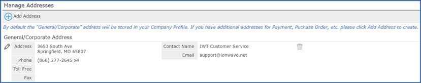 Manage Addresses page with the Add Address button and a General/Corporate Address showing edit and delete icons.