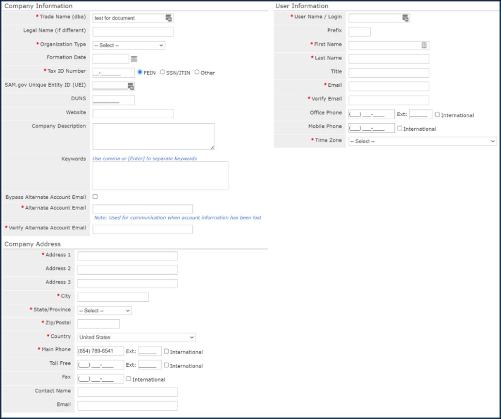 Company Information and User Information sections of the registration form, with required fields marked by red asterisks.