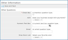Other Information tab with a Save and Next button and sample questions of several field types.