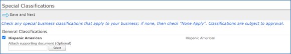 Special Classifications tab with one classification checked and a Select button for attaching a supporting document.