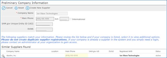 Preliminary Company Information page with a Similar Suppliers Found list shown below a duplicate-registration warning.