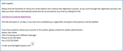 Sample verification email with a Click Here to Continue Registration link and a 14-day expiration notice.