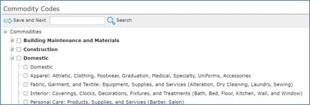 Commodity Codes tab with a search box and an expandable list of commodity categories with checkboxes.
