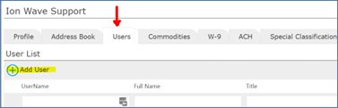 Company profile with a red arrow on the Users tab and the Add User button highlighted.