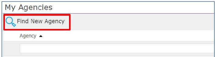 My Agencies list with the Find New Agency button highlighted above the agency table.