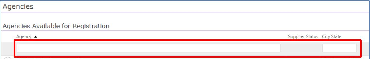 Agencies Available for Registration list with the agency and city or state search boxes highlighted.
