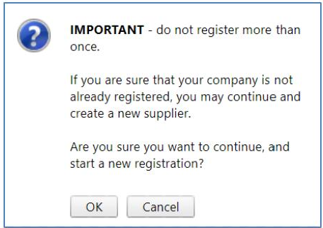 Warning dialog telling the user not to register more than once, with OK and Cancel buttons.