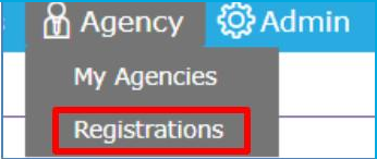 Agency menu open with the Registrations option highlighted below My Agencies.