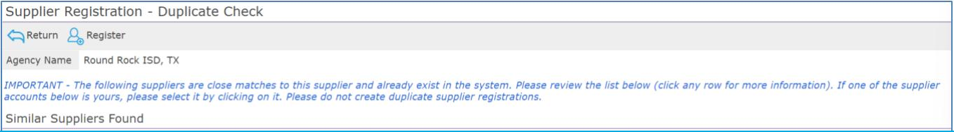 Supplier Registration Duplicate Check screen with a Similar Suppliers Found section and a duplicate warning.