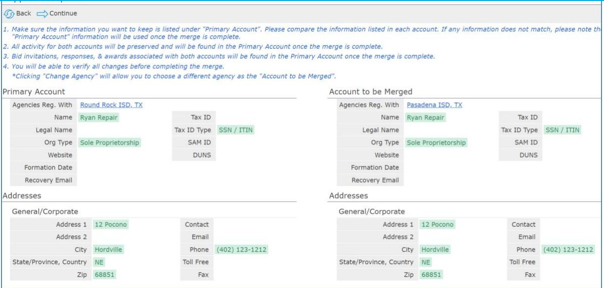 Supplier Compare screen showing a Primary Account and an Account to be Merged side by side.
