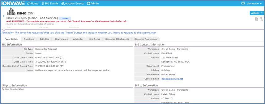 Bid event page with tabs from Event Details to Response Submission, showing Bid Information and Bid Contact Information.