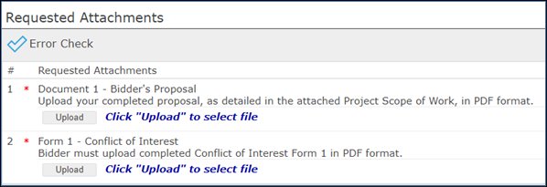 Requested Attachments list with two required files, each with an Upload button.