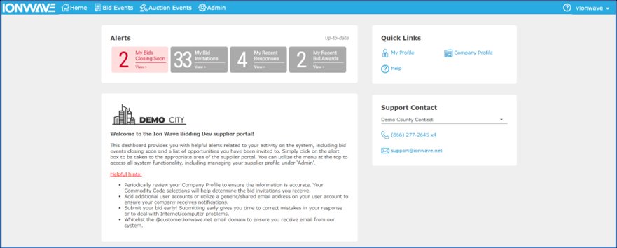 Supplier dashboard with an Alerts panel, Quick Links, support contact, and a Bid Events item in the top menu bar.