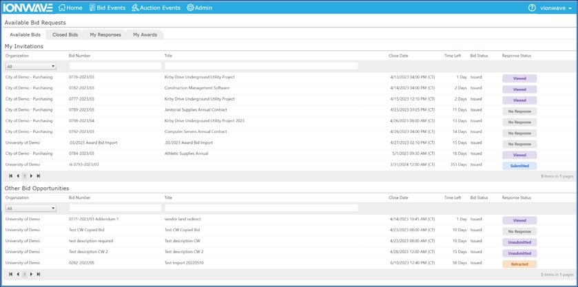 Available Bid Requests page listing bids under My Invitations and Other Bid Opportunities with close dates and statuses.