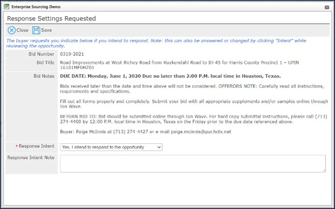 Response Settings Requested popup with a Response Intent dropdown set to intend to respond and a Response Intent Note field.