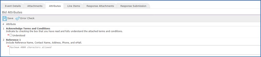 Attributes tab with Save and Error Check buttons and required attributes marked by a red asterisk.