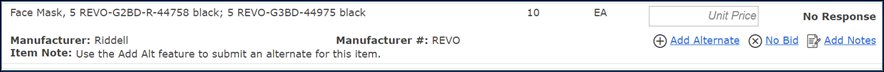 Line item row with an empty Unit Price field and Add Alternate, No Bid, and Add Notes links.