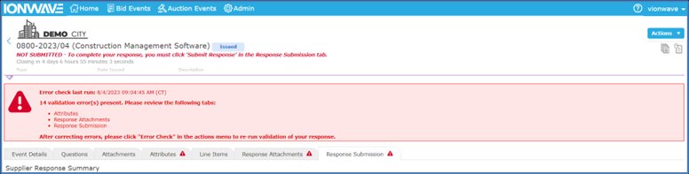 Error message listing 14 validation errors, with the Attributes, Response Attachments, and Response Submission tabs flagged.