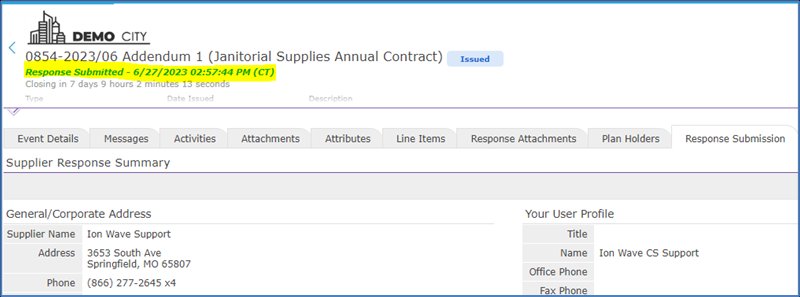 Bid header showing Response Submitted with a date and time stamp, with the Response Submission tab open.