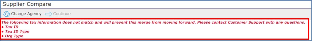 Screenshot of Supplier Compare with a red message that Tax ID, Tax ID Type, and Org Type do not match and block the merge.