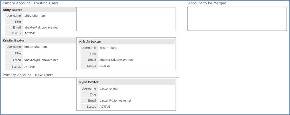Screenshot of the Primary Account list with a merged Kristin Baxter profile and Ryan Baxter under New Users.