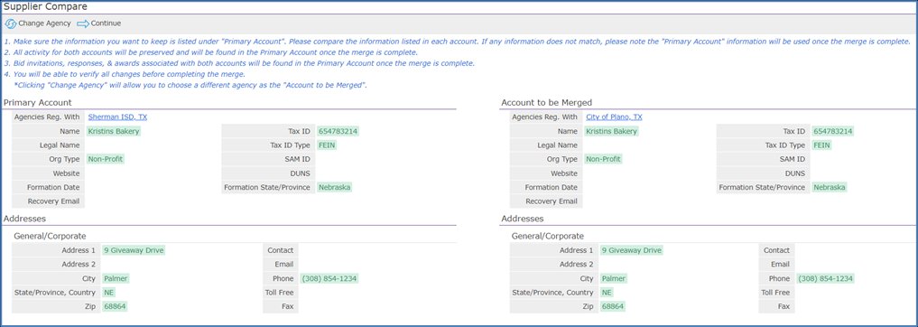 Screenshot of Supplier Compare with Primary Account and Account to be Merged side by side, matching details in green.