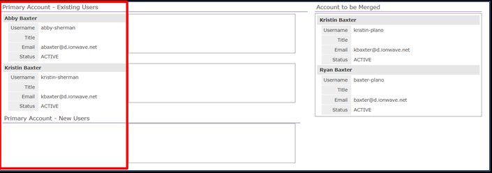 Screenshot of the Primary Account Existing Users column highlighted in red, listing two users above the New Users area.