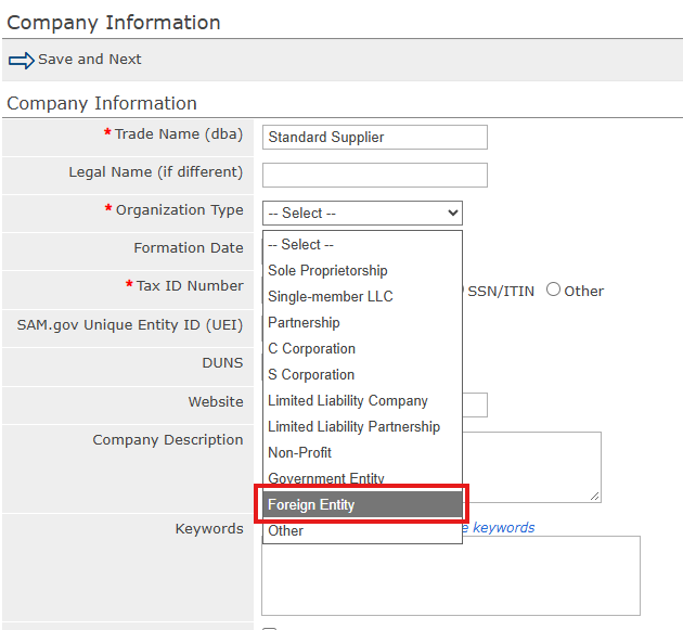 Company Information tab with Foreign Entity selected in the Organization Type dropdown
