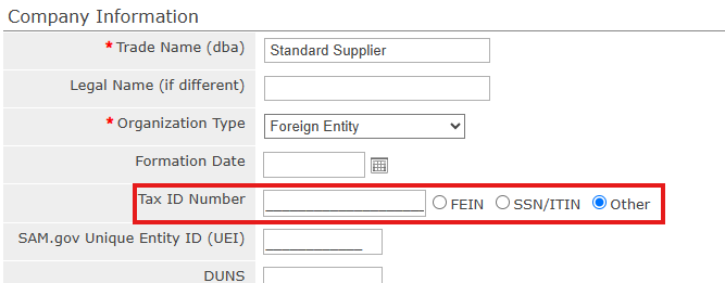 Tax ID Number field with the Other option selected