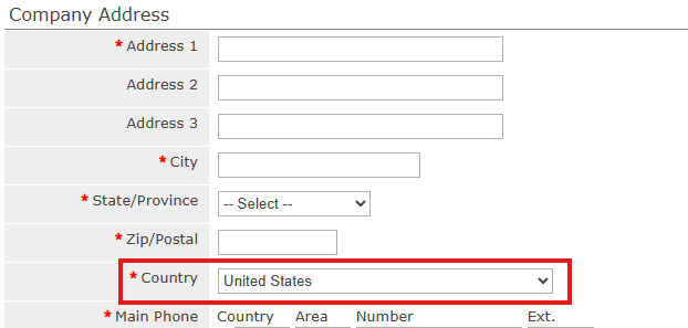 Company address fields with a Country selected and the matching State/Province options loaded