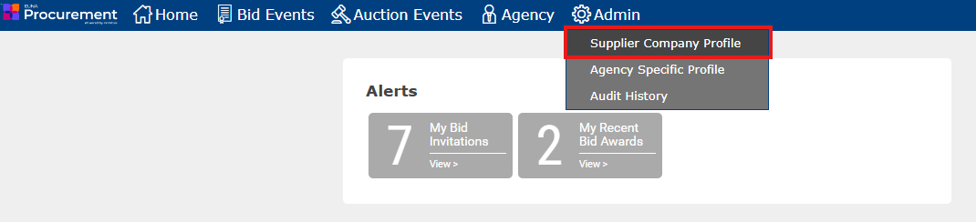Admin dropdown and Quick Links area with the Supplier Company Profile option