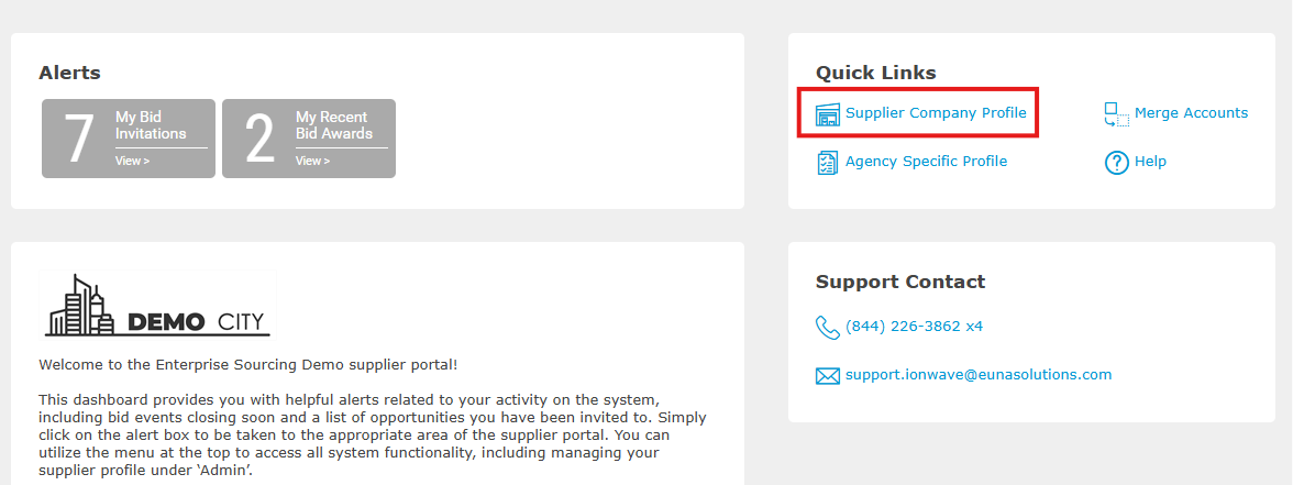Quick Links panel with the Supplier Company Profile option