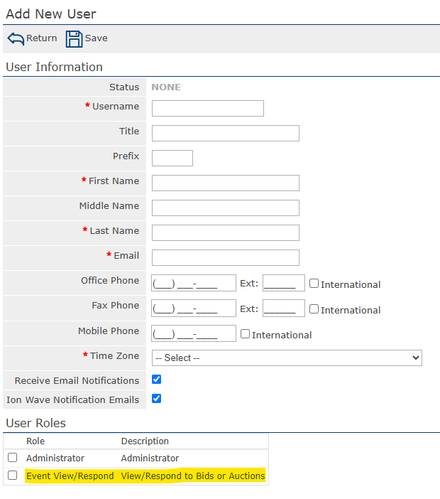 Add User form with the Event View/Respond checkbox at the bottom of the page