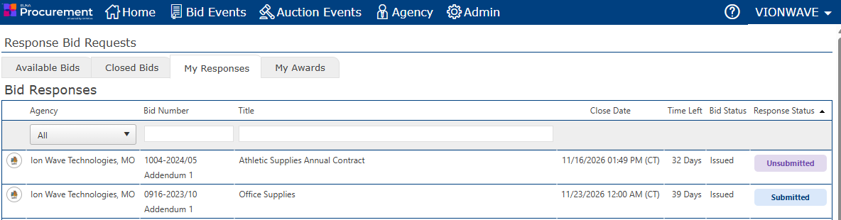 Bid Events page with the My Responses tab