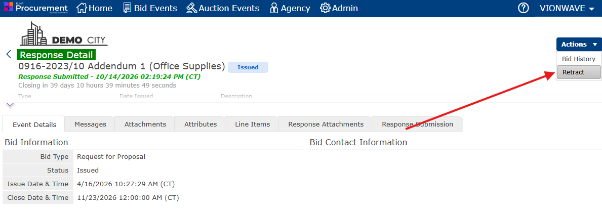 Bid event page with the Actions dropdown menu open on the right, showing the Retract option